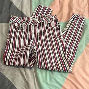 Red,blue, white and gold jeans.